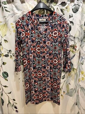 LOFT Navy Dress with Coral and Cream Geo Floral Print